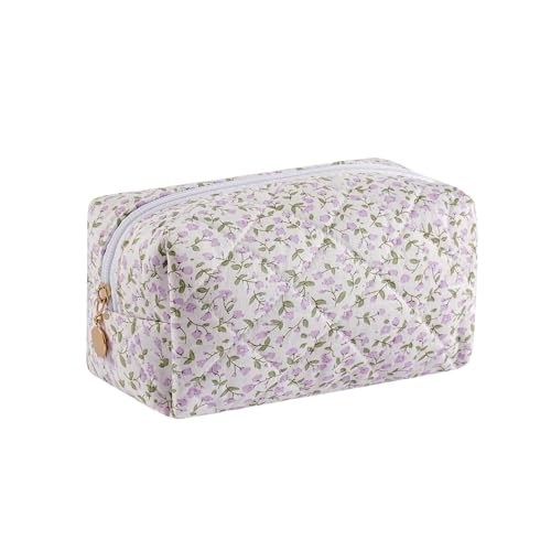 Cute Floral Makeup Bag Small Cotton Quilted Cosmetic Bag, Aesthetic Essential Bag Emergency Bag Gift for Women Girls Travel Accessories (Purple Flowers) - color: A8 Purple Flowers