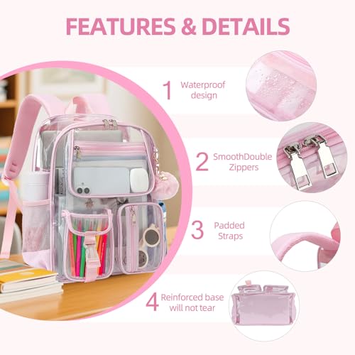 Clear Backpacks for Girls Women, Heavy Duty PVC Transparent School Bookbag See Through Back Pack for College Work Travel (Light Pink) - color: Light Pink