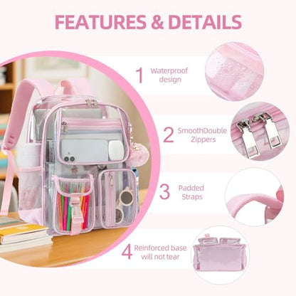 Clear Backpacks for Girls Women, Heavy Duty PVC Transparent School Bookbag See Through Back Pack for College Work Travel (Light Pink) - color: Light Pink