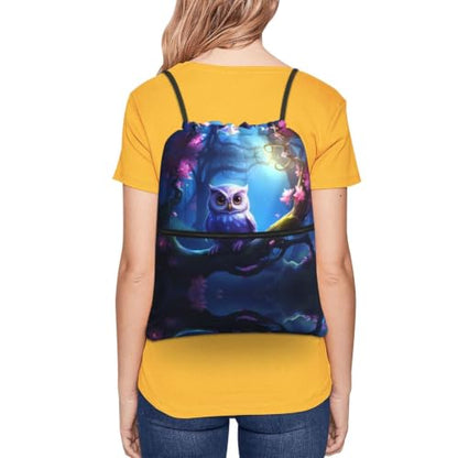 Cartoon Cute Owl Prints Drawstring Zipper Backpack Lightweight Sport Gym Bag Water-Resistant Travel Throw Cover for Men Women Teens