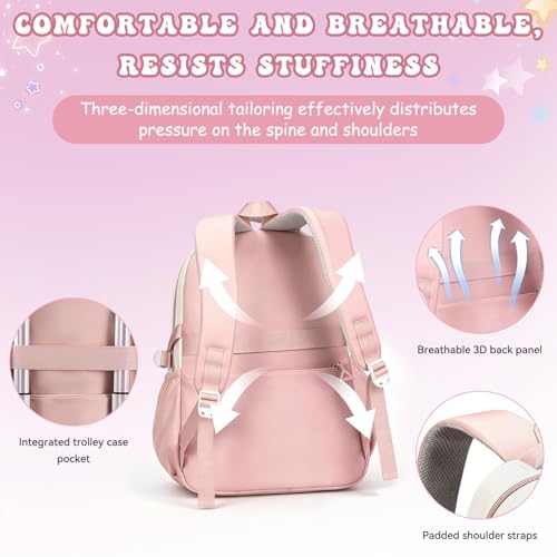 Backpack for Girls,Preppy Bookbag for Elementary & Middle School Students,Cute School Bag with Large Capacity,18 Inch,Pink - color: Pink White