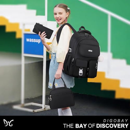 DIGOBAY Backpacks for Girls, 3PCS School Backpack with Lunch Box Pencil Pouch for Teen Girls Kids Elementary Primary Middle High College Travel School bag Bookbag Set （Black） - color: Black