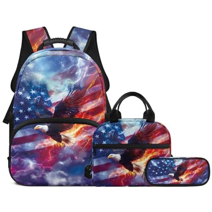 3PCS Kids Backpacks for Teen Girls Boys, Flag Eagle 17 Inch School Bookbag Set with Lunch Bag Pencil Case 3 in 1 Lightweight Daypacks for Middle High School Students - color: Flag Eagle