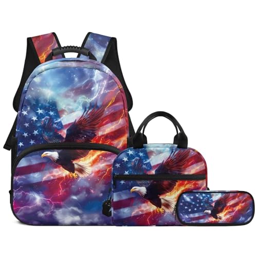 3PCS Kids Backpacks for Teen Girls Boys, Flag Eagle 17 Inch School Bookbag Set with Lunch Bag Pencil Case 3 in 1 Lightweight Daypacks for Middle High School Students - color: Flag Eagle