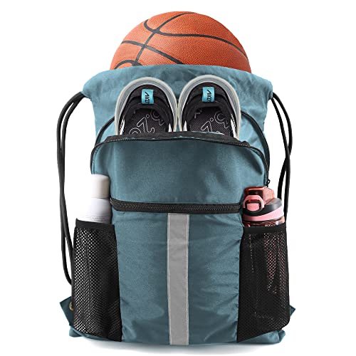 BeeGreen Drawstring Backpack Bag with Shoe Compartment, X-Large Black Gym Sports String Cinch Backpack - color: Haze Blue
