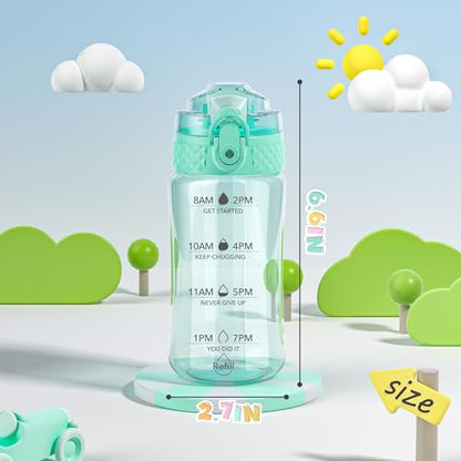 OLDLEY 12oz Kids Water Bottle, Tritan BPA-Free, Leakproof Flip Straw Lid, Motivational Time Marker, Carry Strap, Reusable Clear Water Bottle for Boys & Girls,Glow Green - color: Glow Green, style: 12 Ounces