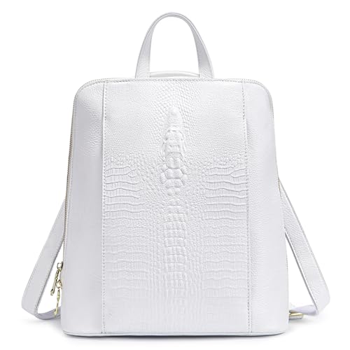 zency 100% Genuine Leather Knapsack Ladies Alligator Pattern Women Backpack For Work Laptop (White) - color: White