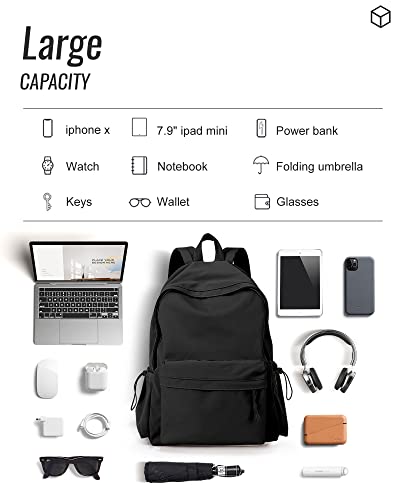 BJLFS Black School Backpack for Girls Women, Waterproof High School Book Bag Cute Backpack for Men Teens Boys, Small Lightweight Simple Basic Middle School Back Pack Daypack Mochilas Escolares para - color: Small Black