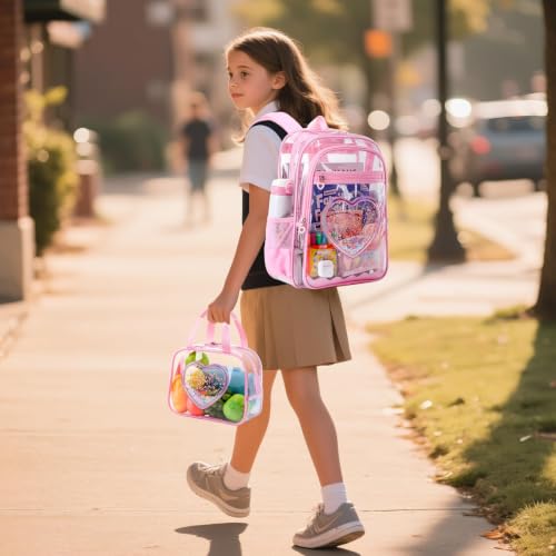 Clear Backpack for girls, 3PCS Heavy Duty Thick TPU Clear Bookbag, Transparent Bookbag Stadium Events, See Through Large Ergonomic Backpack for School Kids Women Travel Security College Concert - color: 3 Pcs Pink