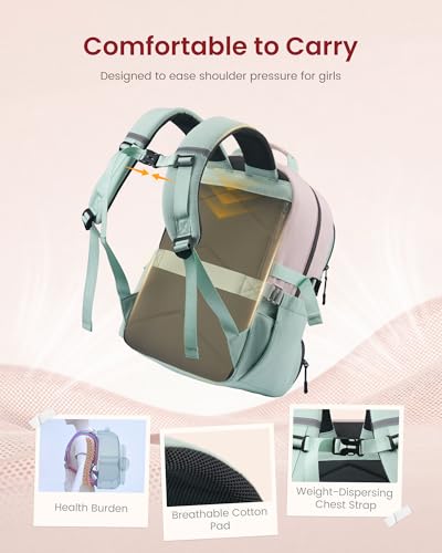 LOVEVOOK School Backpack for Teen Girls, Unique Style College Student Backpacks with Large Cup Holder, Cute Kid Bookbag with Pens Compartment, Large Capacity Back to School Backpack Fit 15.6'' Laptop - color: Green Pink Beige, size: Medium