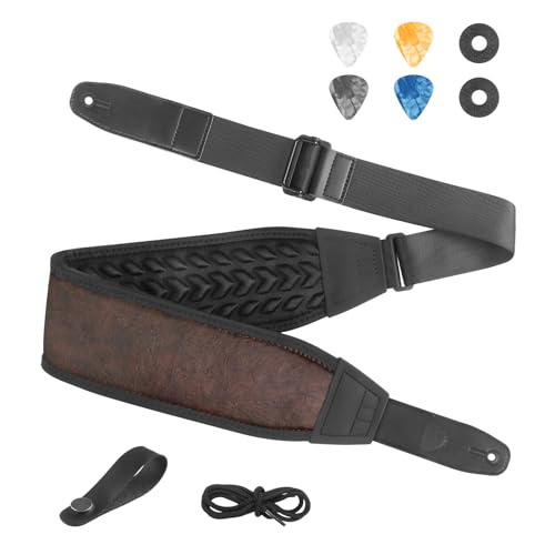 Guitar Straps for Electric Guitar Bass, Smooth Guitar Strap, 3" Wide Padded Straps with 3D Sponge Filling, Comes with 4 Picks + 2 Strap Locks + 1 Headstock Tie + 1 Tie Rope, Brown - color: Smooth Brown