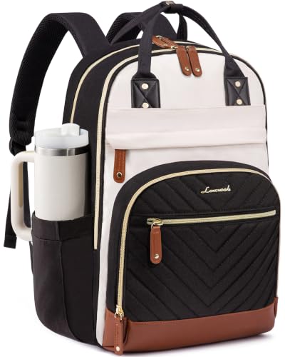 LOVEVOOK Laptop Backpack Women with Giant Tumbler Holder,18 inch Waterproof Work Travel Backpack Computer Laptop Bag,Cute College Nurse Teacher Backpack Purse,Gifts for Women & Men,Beige-Black-Brown - color: Beige-black-brown, size: 18-Cup
