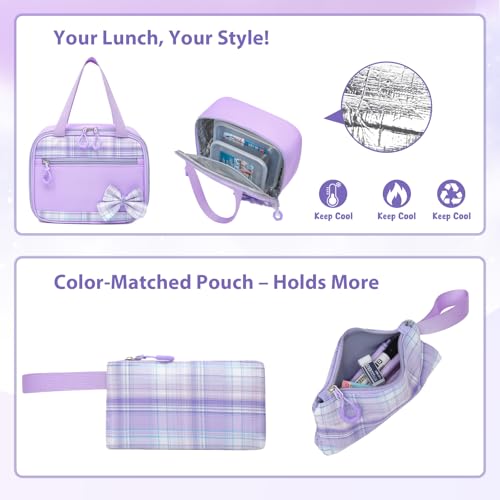 Alrisg Girls School Backpack Preppy Plaid Bookbag Lightweight Backpack for Girls Elementary Middle School Bow Purple Set - color: Purple, size: 17in Set