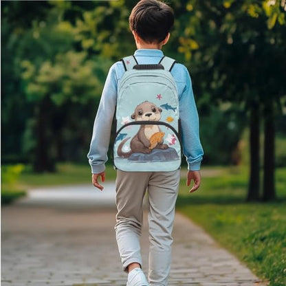 JEOCODY Cute Sea Otter Backpack for Girls Kids School Bag with Lunch Bag Pencil Case and Water Bottle Holder Casual Daypack for Travel Hiking, Back to School Accessories - color: Blue Sea Otter