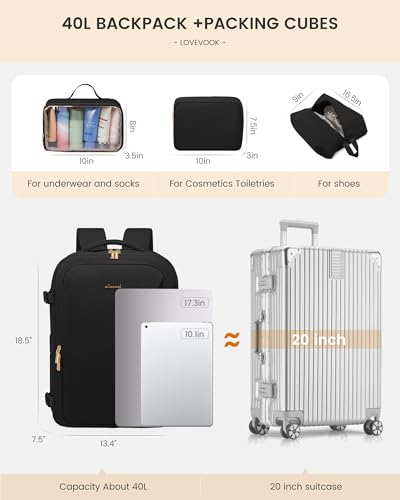 LOVEVOOK Travel Backpack For Women & Men with Waist Strap,40L Waterproof Carry On Backpack Luggage Travel Essentials Flight Approved,TSA Personal ltem Travel Bag Weekender Daypack with 3 Packing Cubes - color: Black With Waist Strap, size: 17.3 Inch