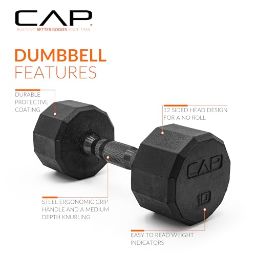 CAP Barbell Coated Hex Dumbbell Weight - Single | 10-120 lbs | Multiple Options - size: 10 lb, style: 12-Sided - Black Handle