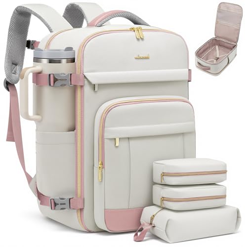 LOVEVOOK Travel Backpack for Women & Men - 17.3 Inch Carry On Backpack & Personal Item Backpack for Airlines, Spacious and Durable Design, with 3 Packing Cubes - color: Light Grey-pink, size: Large-40L-4Pcs