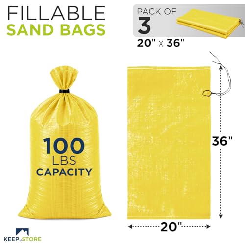 Heavy Duty Sand Bags Pack of 3, Bright Yellow Empty Sandbags with Built-In Ties, Woven Polypropylene UV Protection 1600 Hours, Fillable Bags for Flood Control, Weight, 20x36 inches, 100 Pounds Volume - size: 20"W x 36"L, style: Pack of 3