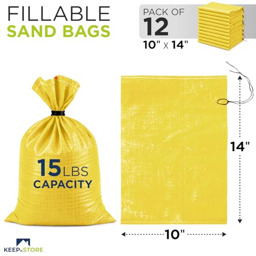 Heavy Duty Sand Bags Pack of 12, Bright Yellow Empty Sandbags with Built-In Ties, Woven Polypropylene UV Protection 1600 Hours, Fillable Bags for Flood Control, Weight, 10x14 inches, 15 Pounds Volume - size: 10"W x 14"L, style: Pack of 12