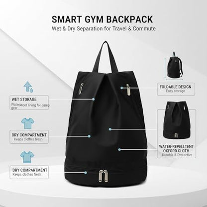 Foldable Gym Backpack with Wet/Dry Separation, Water-Resistant Oxford Sports Bag for Travel & Commute - color: Black