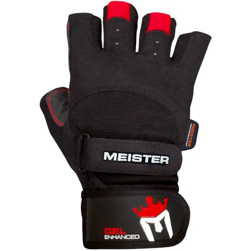 Meister Wrist Wrap Weight Lifting Gloves w/Gel Padding - color: Black / Red, size: Large