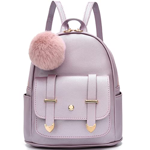 I IHAYNER Girls Fashion Backpack Mini Backpack Purse for Women Teenage Girls Purses PU Leather Pompom Backpack Shoulder Bag - color: Pearl Purple