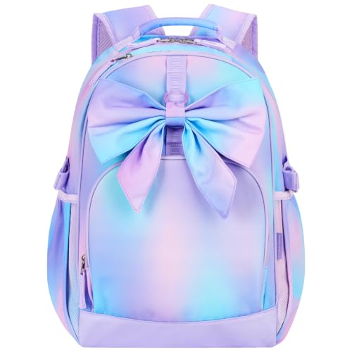 Choco Mocha Kids Backpack for Girls Bow Backpack Kids Elementary School Backpack for Girls Ages 6-8 Kid Bookbag 17 Inch with Chest Strap, Gradient - color: Bow Gradient