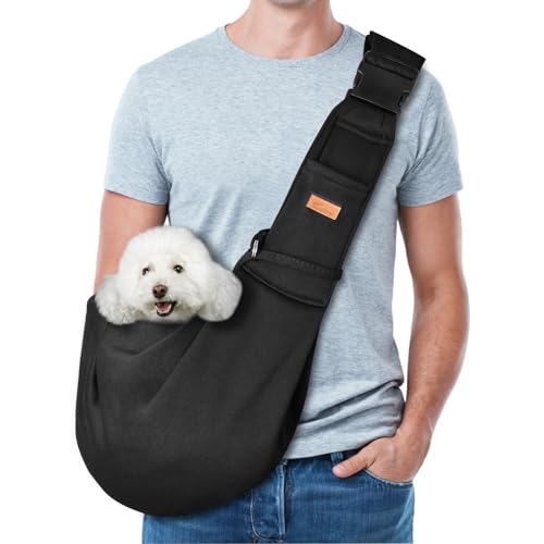 CUBY Dog and Cat Sling Carrier, Hand-Free Dog Carrier Slings with Adjustable Straps Pocker, Puppy Slings Carrier for Small Dogs Cats Outdoor Travel Bag(Black, M-Adjustable Strap) - color: Black, size: M