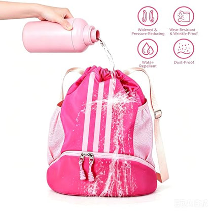 Soccer Bag, Youth Soccer Basketball Bag with Compartments Drawstring Backpack for Football Volleyball Gym Training (Pink) - color: Pink