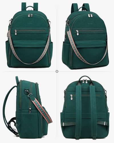 FADEON 15.6 Inch Laptop Backpack Purse for Women, Large Capacity | Vegan Leather Backpack with Padded Straps, Laptop & iPad Slots Fits 13", 14" & 15.6". Roomy for Daily, Work & Travel - color: Dark Green Nubuck Style