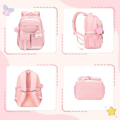 MUSEVOS Kids Backpack for Girls Aged 6-14, Kindergarten Elementary Middle School Backpack, Cute Bookbag Multi-Compartment, Water-resistant - color: Pink-white
