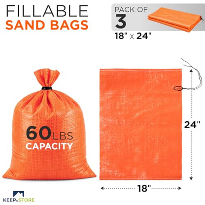 Heavy Duty Sand Bags Pack of 3, Bright Orange Empty Sandbags with Built-In Ties, Woven Polypropylene UV Protection 1600 Hours, Fillable Bags for Flood Control, Weight, 18x24 inches, 60 Pounds Volume - size: 18"W x 24"L, style: Pack of 3
