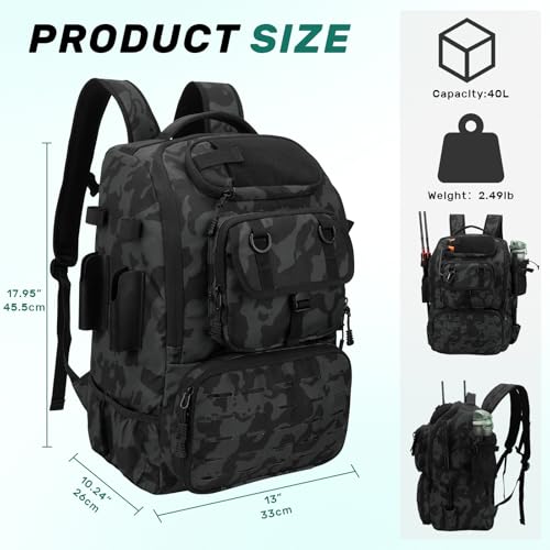 Pyrrhus 40L Fishing Backpack with Rod Holders & Insulated Cooler Compartment, Camping Cooler Tackle Storage for Anglers - color: Black