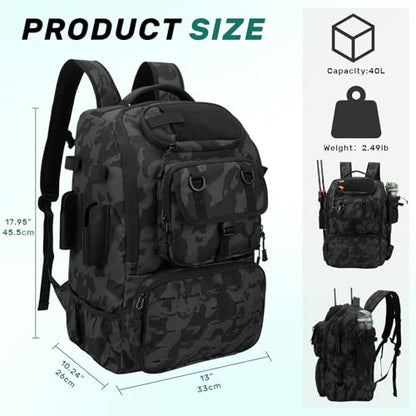 Pyrrhus 40L Fishing Backpack with Rod Holders & Insulated Cooler Compartment, Camping Cooler Tackle Storage for Anglers - color: Black