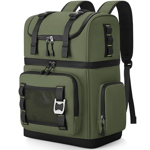 Large Waterproof Insulated Cooler Backpack for Men & Women, Double Decker Leak Proof Cooler Backpack for Beach, Camping, Picnic, Travel, 26L, 44Cans - color: Green