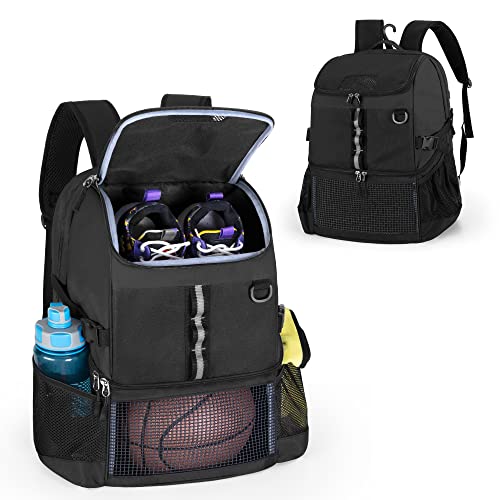 GOBUROS Basketball Bag, Soccer Equipment Bag with Ball & Shoe Compartment for Soccer Ball, Volleyball, Gym, Outdoor, Travel - color: Black