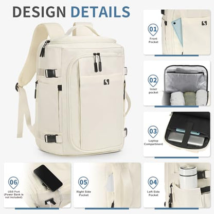 35L Travel Backpack 17" Laptop Backpack W/USB-C Port, Expandable Carry-On Bag, TSA Flight Approved Water-Resistant for Business College, White - color: White