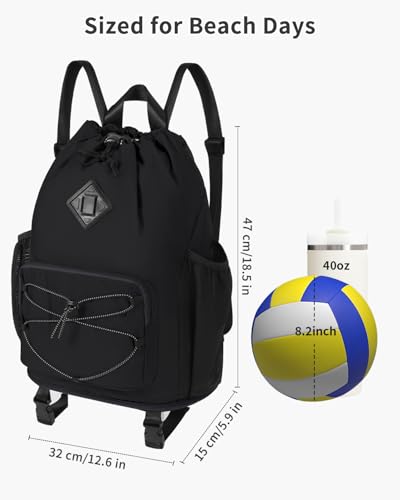 WANDF Drawstring Backpack with Removable Wet Pocket, Sandproof Beach Backpack with Bottom Compression Strap for Beach Mat, Swim Bag for Pool, Gym, Travel and Workout Gear (Black) - color: Black