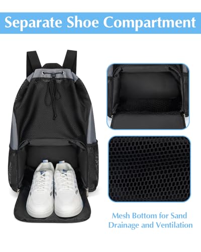 Drawstring Backpack Sandproof Beach Backpack with Shoe Compartment & Wet Pocket Waterproof Mesh Swim Bag Pool Bag for Gym, Travel and Workout Gear (Grey) - color: Grey