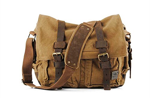 Sechunk Vintage Military Leather Canvas Laptop Bag Messenger Bags Medium - color: Yellow, size: small--13‘’