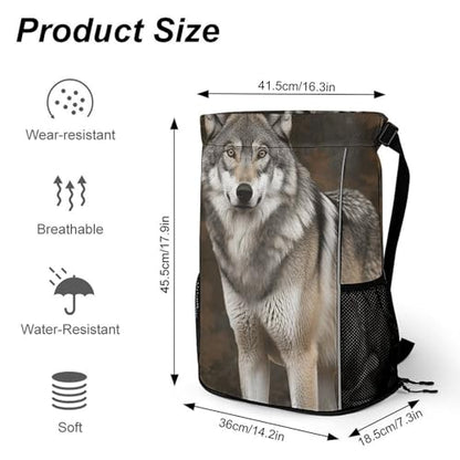 Drawstring Gym Backpack with Shoe Compartment And Wet Pocket, 28L Lightweight Waterproof Wild Wild Gray Wolf Sports Backpack for Workout Swim Beach Travel String Bag for Men Women
