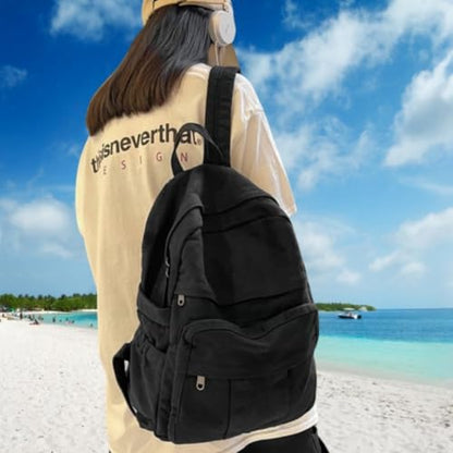 Black Canvas Backpack for Women & Men Retro Aesthetic Rucksack Basic Backpack for High School/College Students Travel Laptop Bag - color: Black