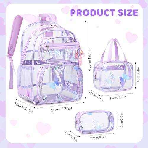 ACESAK Clear Backpack for Girls - 3 Pcs Clear Backpack Heavy Duty with Lunch Bag - See Through Bookbag Stadium Approved for Kids Middle High College School(Purple Butterfly) - color: Purple Butterfly