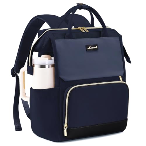 LOVEVOOK Laptop Backpack for Women with Giant Tumbler Holder Pocket, 15.6 inch Travel Work Bag Purse for Nurse Teacher, Waterproof Casual Daypack Bookbag for College Business - color: Dark Blue-black, size: 15.6 inch