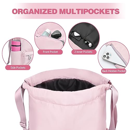 BAVELOE Drawstring Backpack with Wet Pocket Gym Backpack Water-Resistant Cinch String Bag Beach Swim for Women Men - color: Pink