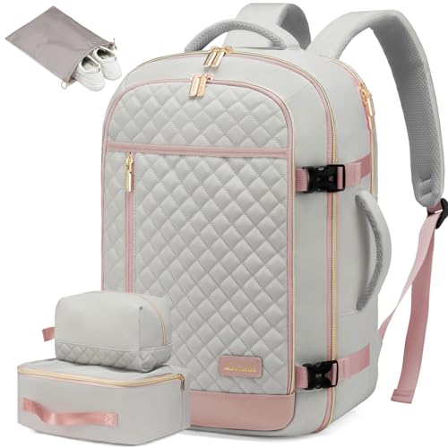LOVEVOOK Travel Backpack for Women, Carry on Backpack for Airplanes,TSA Personal Item Travel Bag fits 15.6" Laptop,Travel Essentials Carry On Bag Flight Approved with 3 Packing Cubes - color: Grey & Pink, size: 15.6inch - 4Pcs