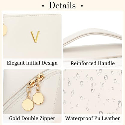 Initial Makeup Bag Personalized Gift for Women Teen Girls - color: Beige, style: V