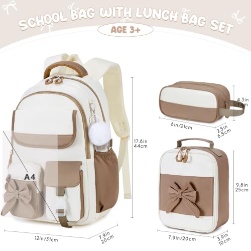 Kids Backpack for Girls, 3PCS School Backpack Set with Insulated Lunch Box & Pencil Case, Waterproof Lightweight Bookbag for Elementary & Middle School, Cute Bow Travel Daypack Brown-Beige - color: Brown-beige