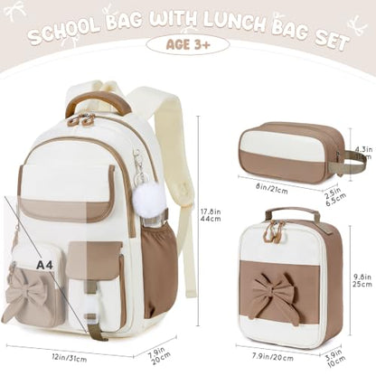 Kids Backpack for Girls, 3PCS School Backpack Set with Insulated Lunch Box & Pencil Case, Waterproof Lightweight Bookbag for Elementary & Middle School, Cute Bow Travel Daypack Brown-Beige - color: Brown-beige