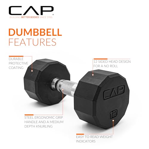 CAP Barbell Coated Hex Dumbbell Weight - Single | 10-120 lbs | Multiple Options - size: 12 lb, style: 12-Sided - Chrome Handle